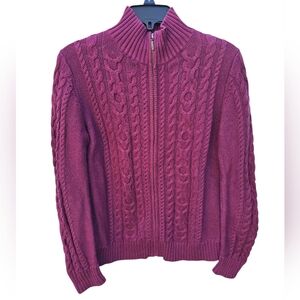 LL Bean Women's 100% Cotton Cable Knit Cardigan Fisherman Full Zip MocNeck Small